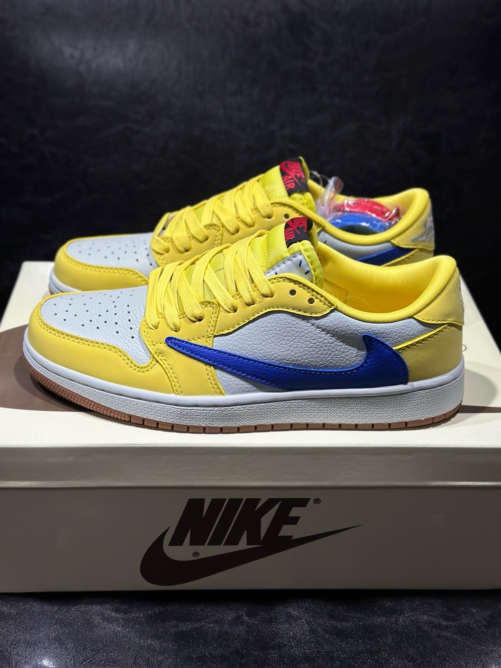 Travis Scott Air Jordan 1 Low Canary Yellow Blue Reverse Swoosh Sneakers